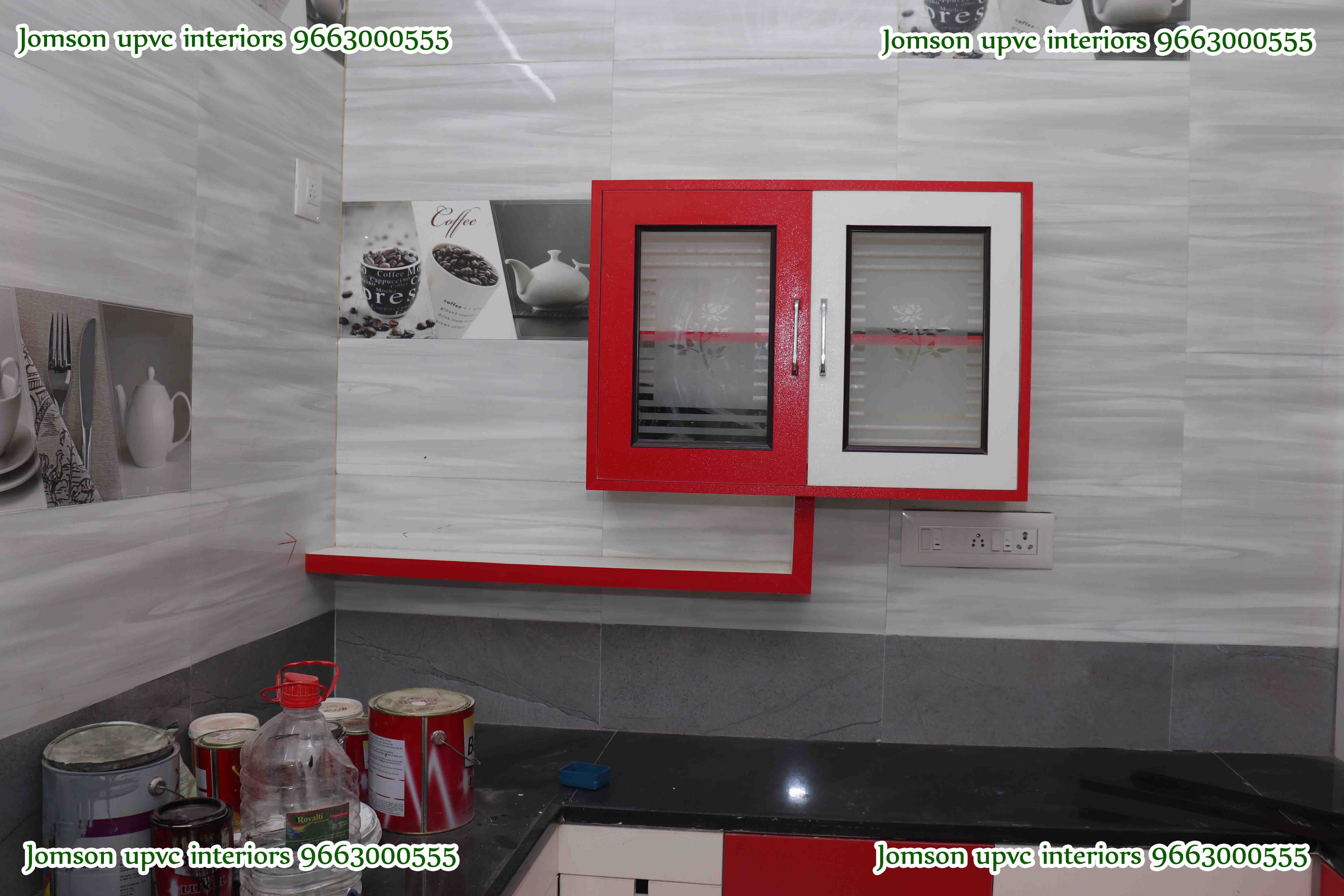 red and grey modular kitchen