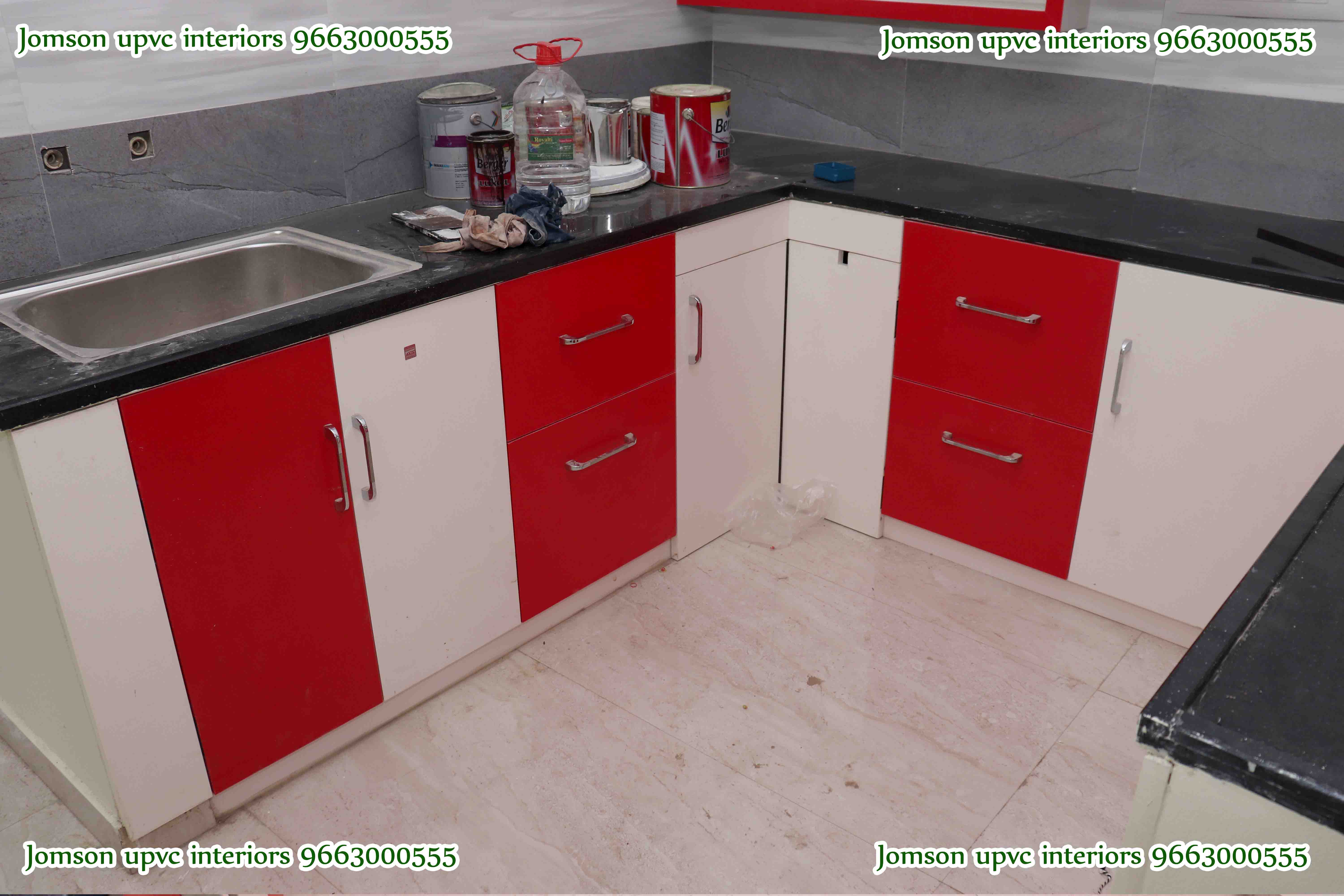 red and grey modular kitchen