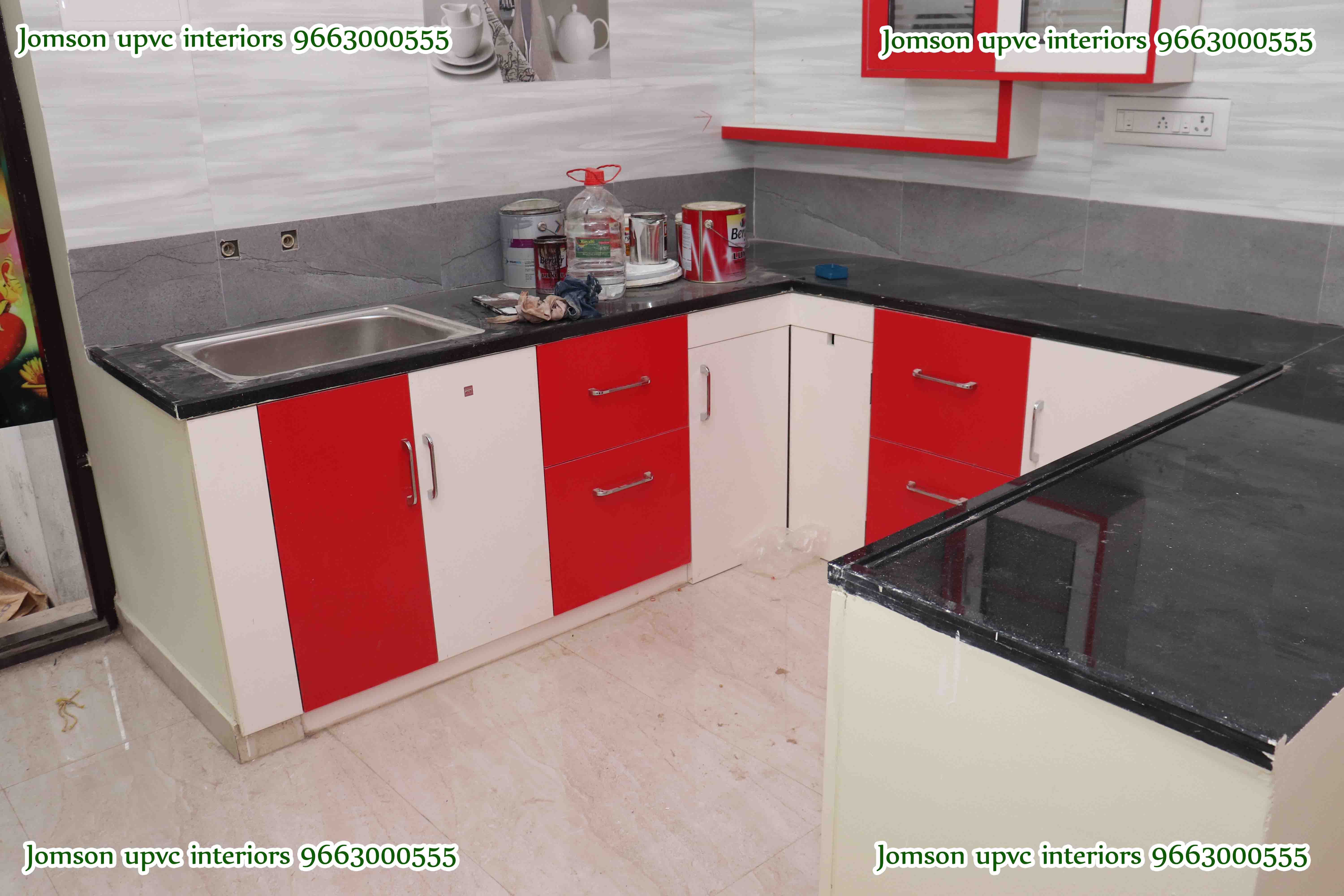 pvc red and white color modular kitchen