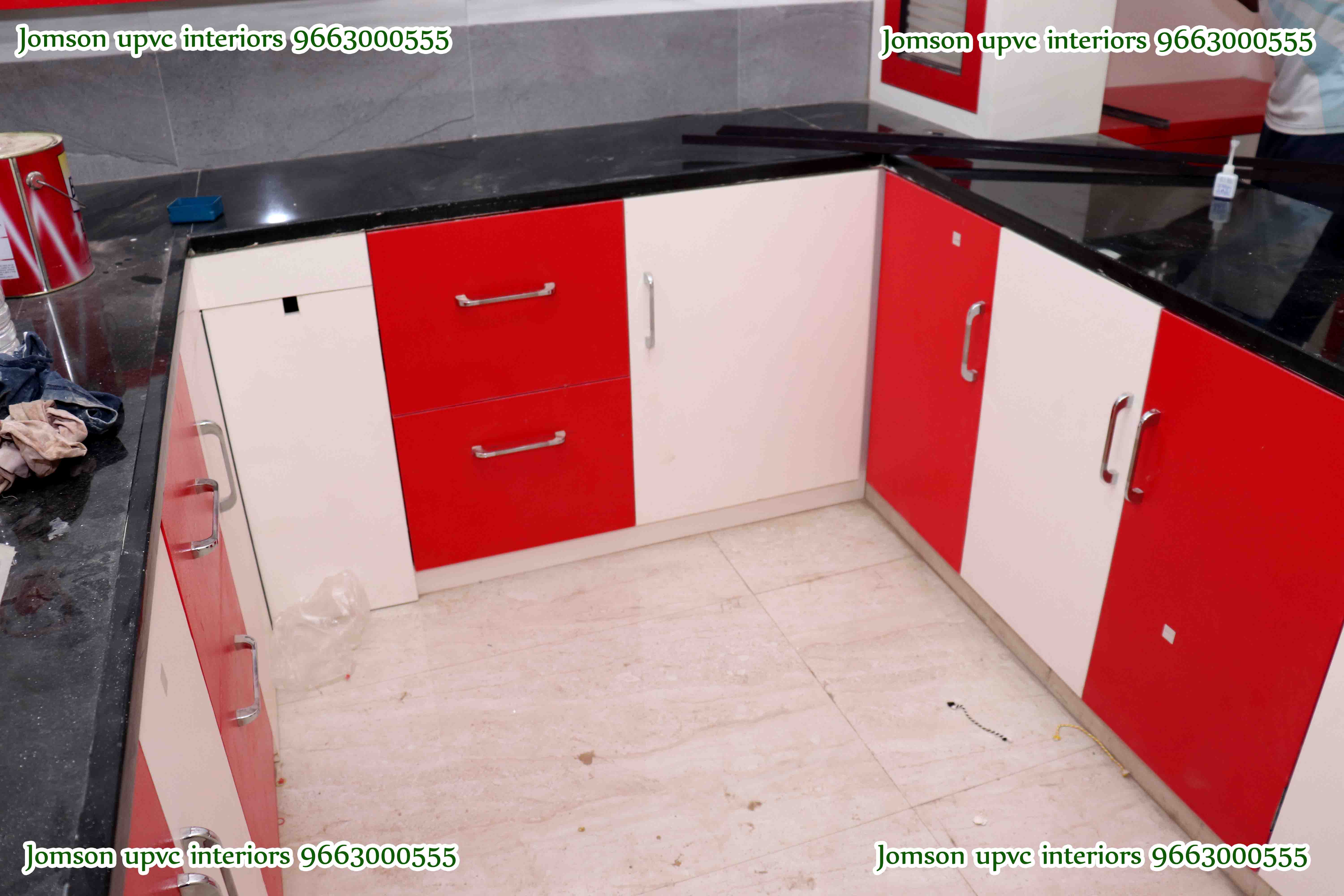 red and white color kitchen cabinets design